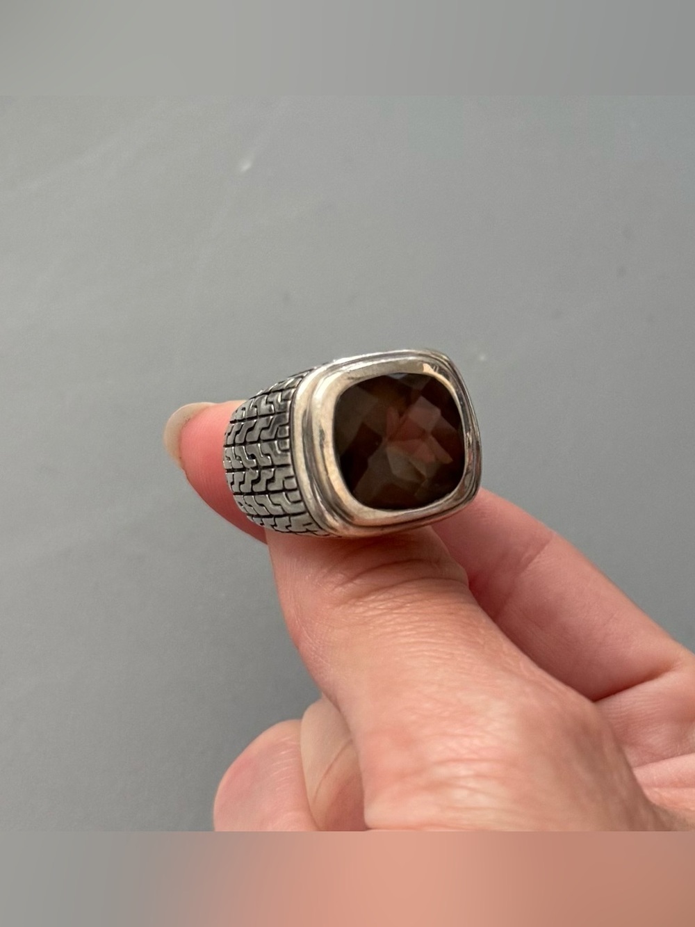 Smoky Quartz Sterling Silver 925 Chain Woven Pattern John Hardy Style Ring Sz 6